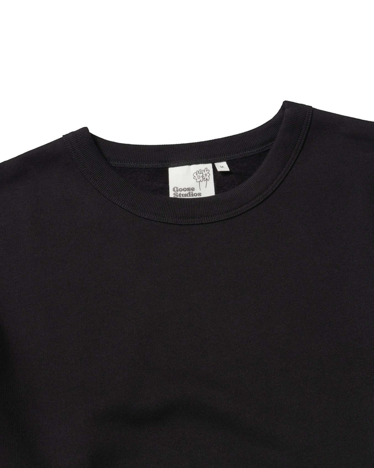Collar detail on a women's organic cotton sweatshirt in black