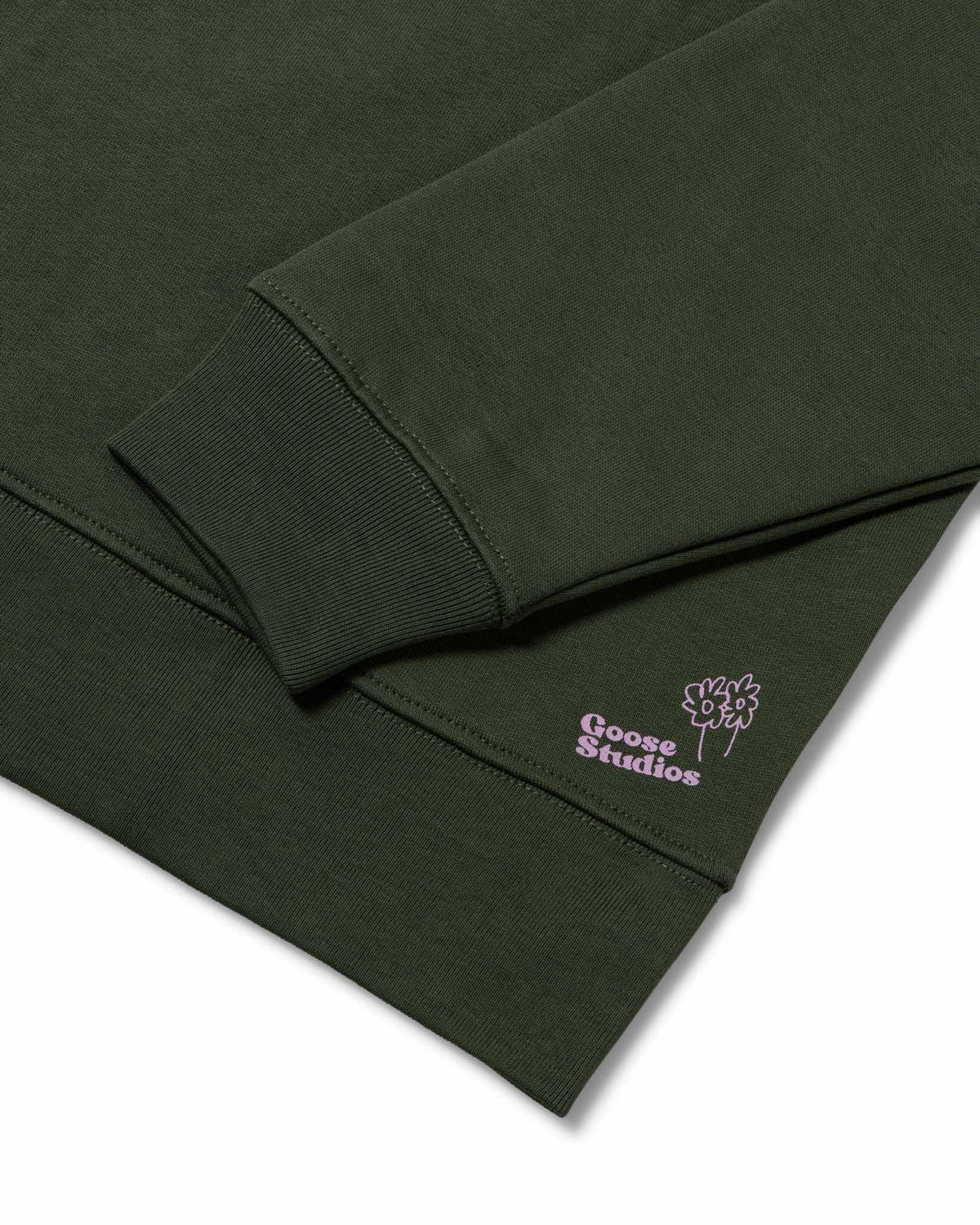 Olive green sweatshirt with 'Goose Studios' logo, and 100% organic cotton ribbed cuff and hem, on a white background