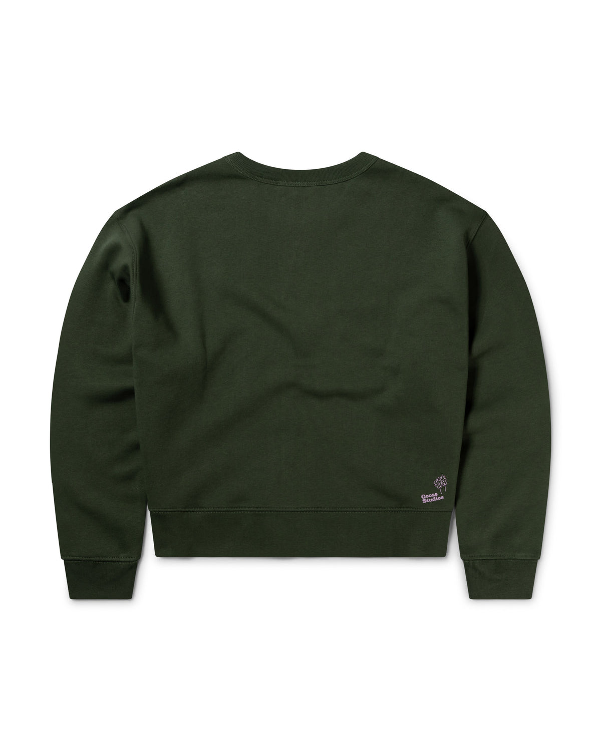 Back of women's olive green sweatshirt with a small Goose Studios logo on the back against a white background