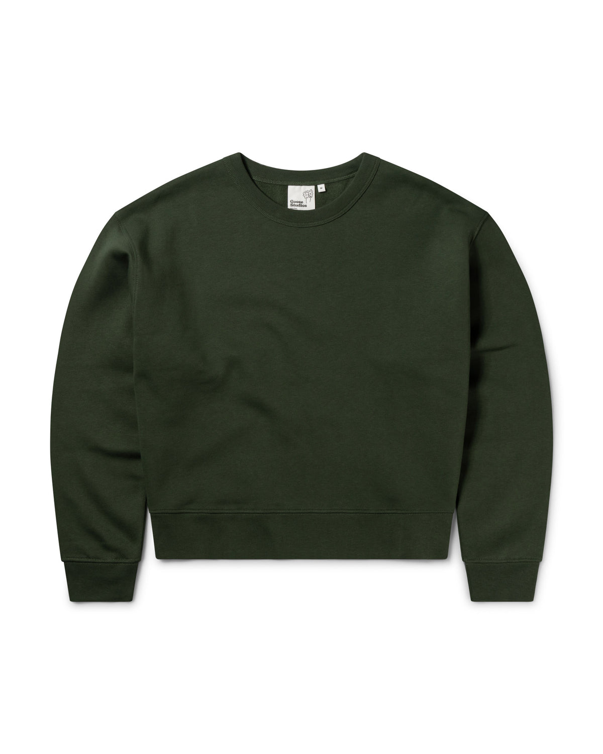Olive green women's Goose Studios sweatshirt on a white background