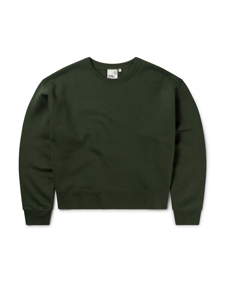 Olive green women's Goose Studios sweatshirt on a white background