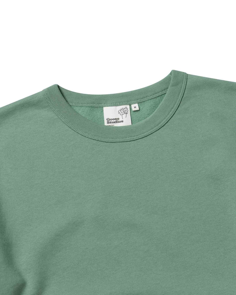 Collar detail of women's organic cotton sweatshirt in pastel green