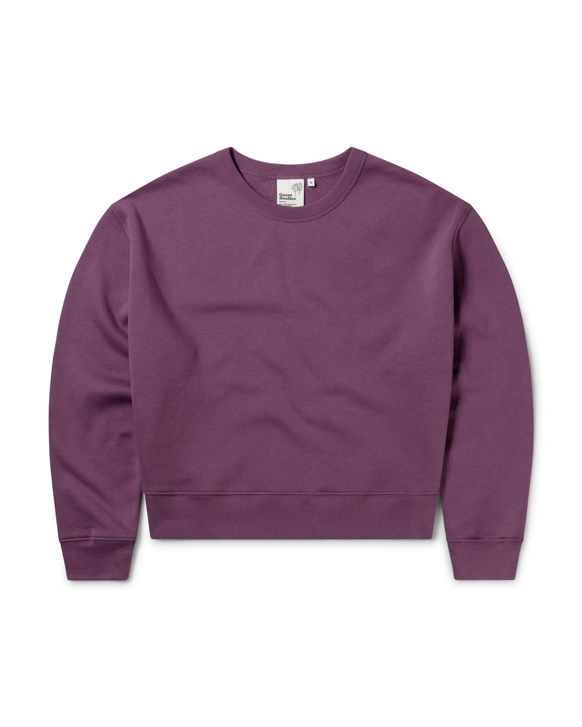 Front of women's organic cotton drop shoulder sweatshirt in berry pink
