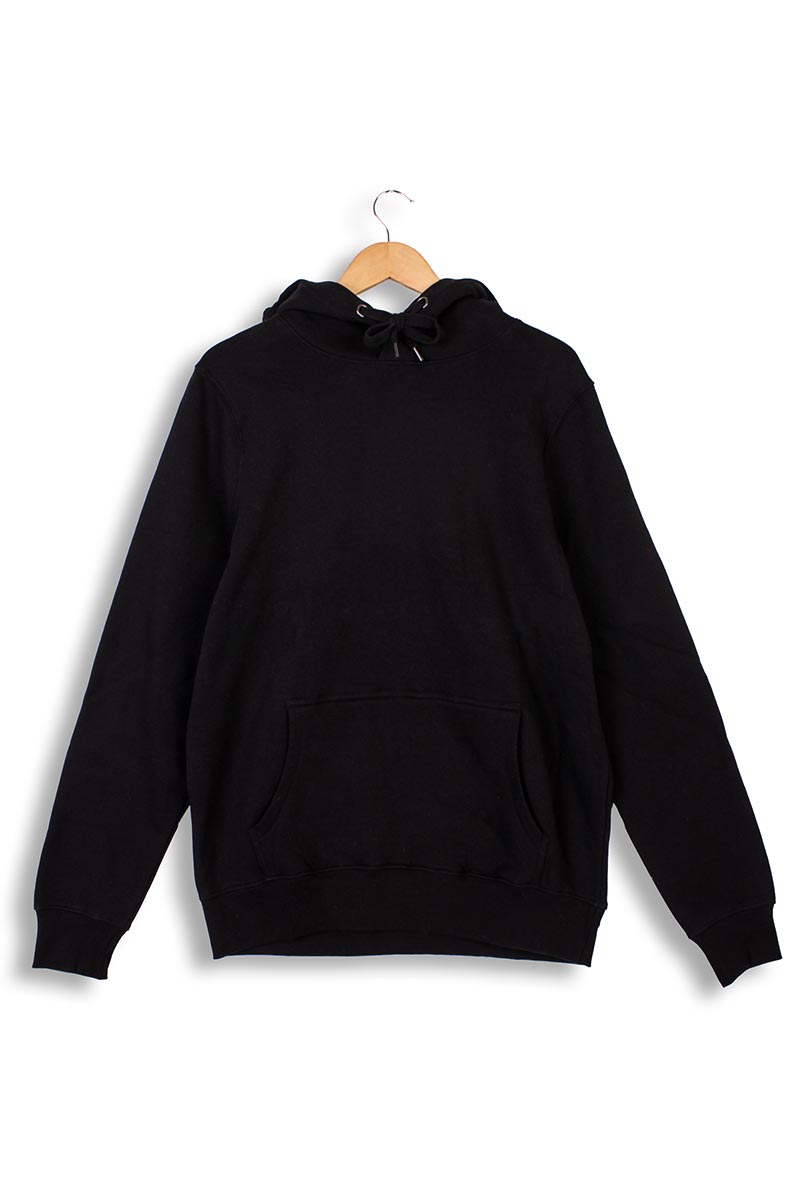 Men's black organic cotton hoodie with metal eyelets