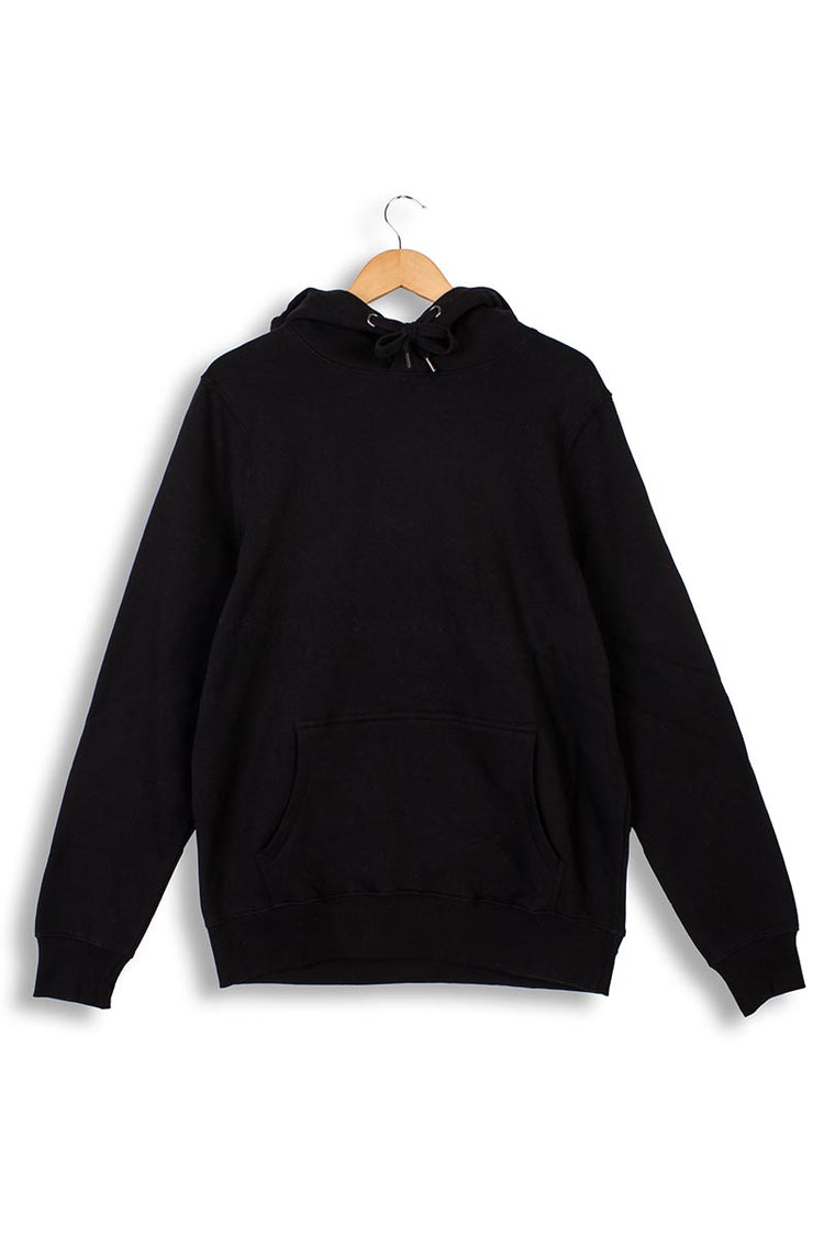 Men's black organic cotton hoodie with metal eyelets