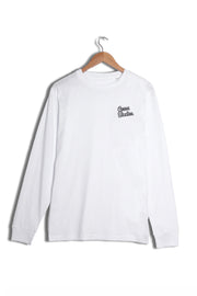Front of men's white printed organic cotton long sleeve t-shirt