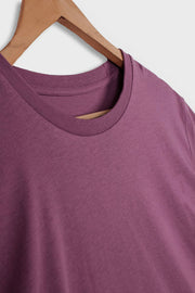 Ribbed collar detail on men's organic cotton t-shirt in Purple.