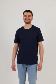 Men wearing navy blue organic cotton t shirt