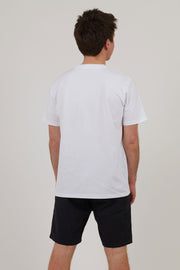 Back of man wearing white workwear organic cotton t shirt