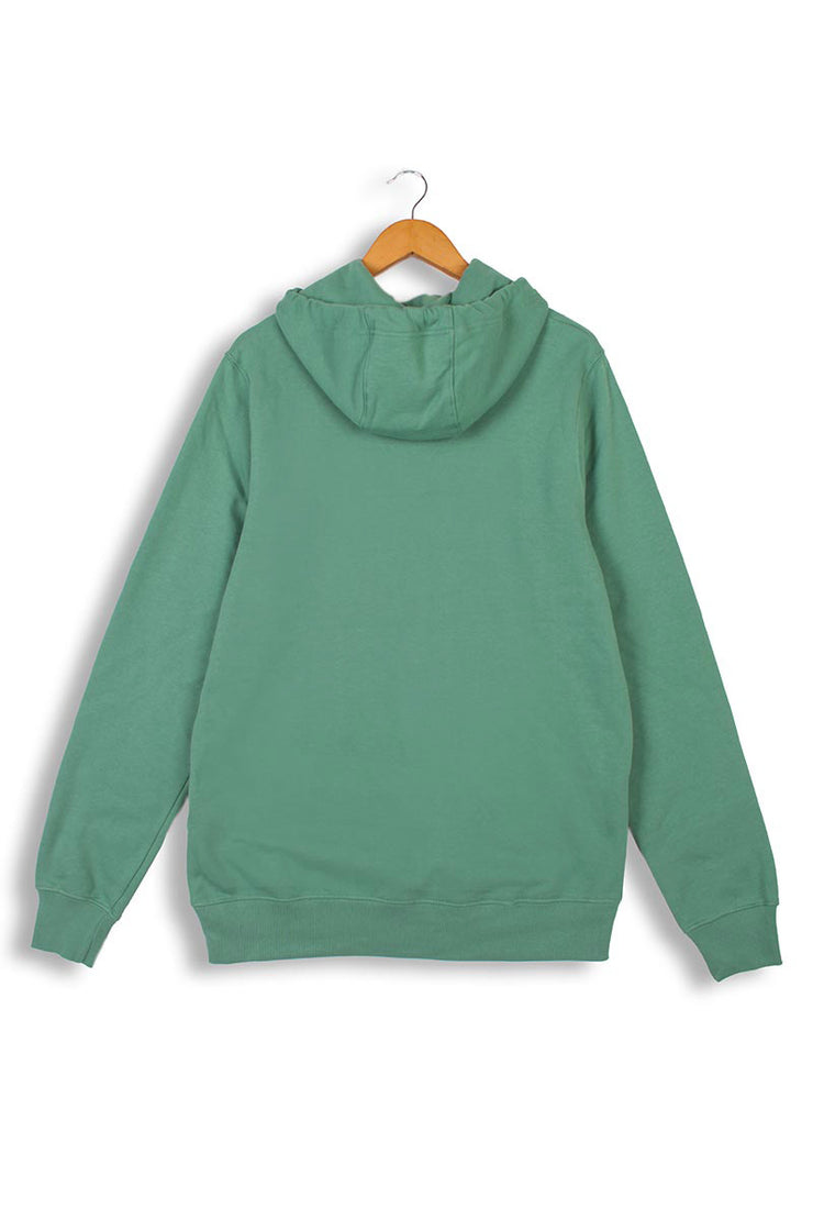 Back of sustainable hoodie in green organic cotton.