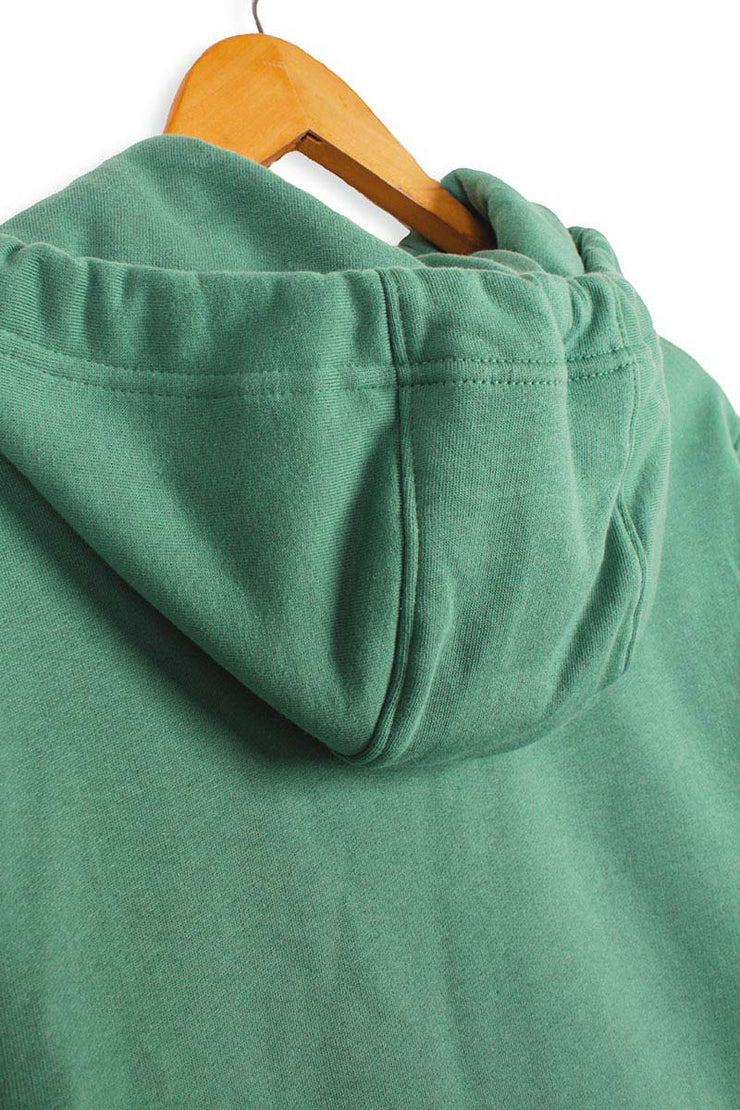 3 panel hood detail of sustainable hoodie in green organic cotton.