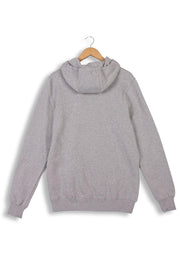 Back of sustainable hoodie in grey organic cotton.
