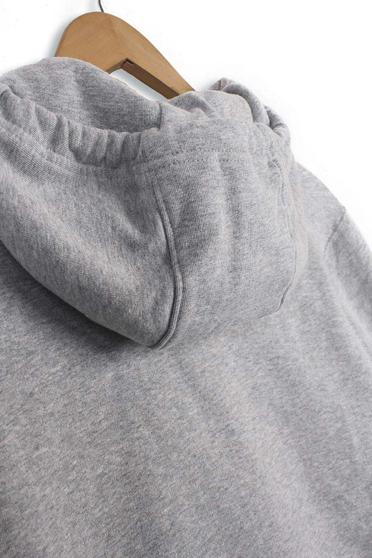 3 panel hood detail on a sustainable hoodie in grey organic cotton.