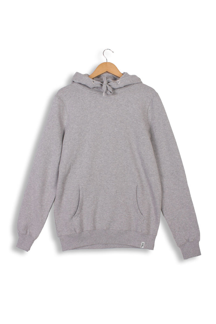 Front of sustainable hoodie in grey organic cotton.