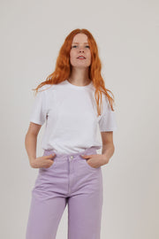 Woman wearing organic cotton white sustainable t-shirt