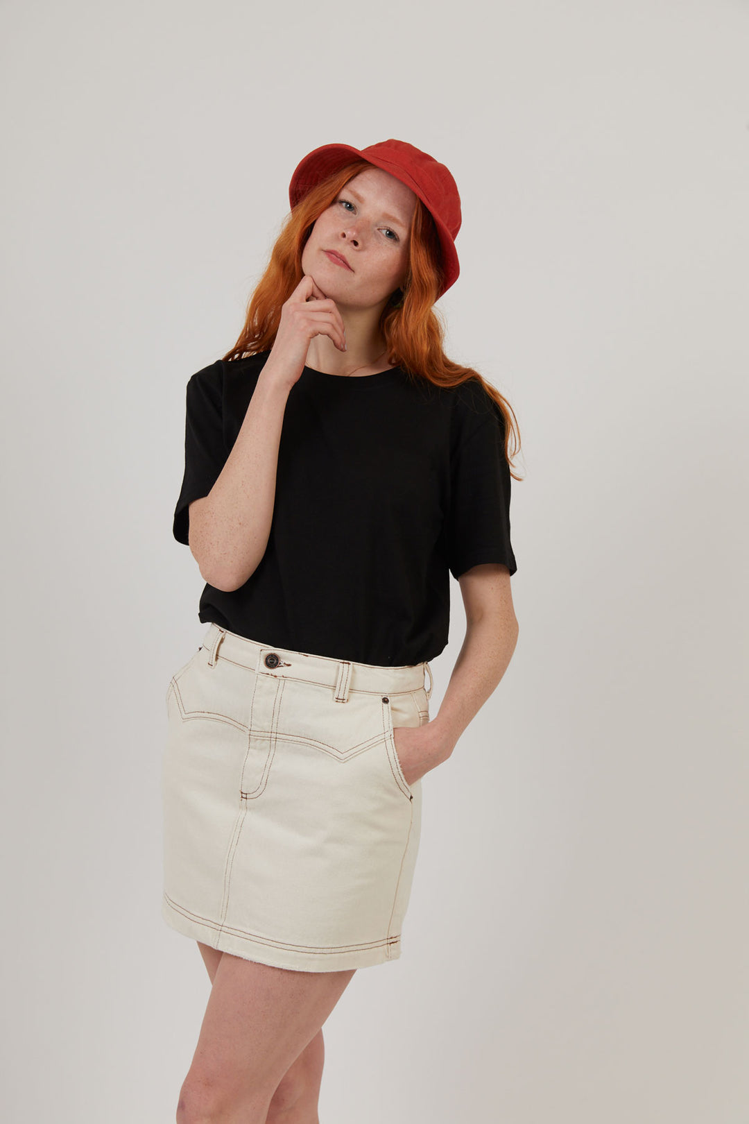 Woman wearing black workwear organic cotton sustainable t shirt