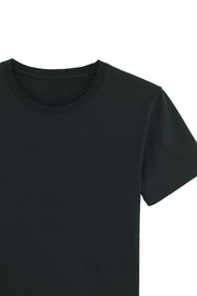 Close up flat lay of a black workwear organic cotton sustainable t shirt