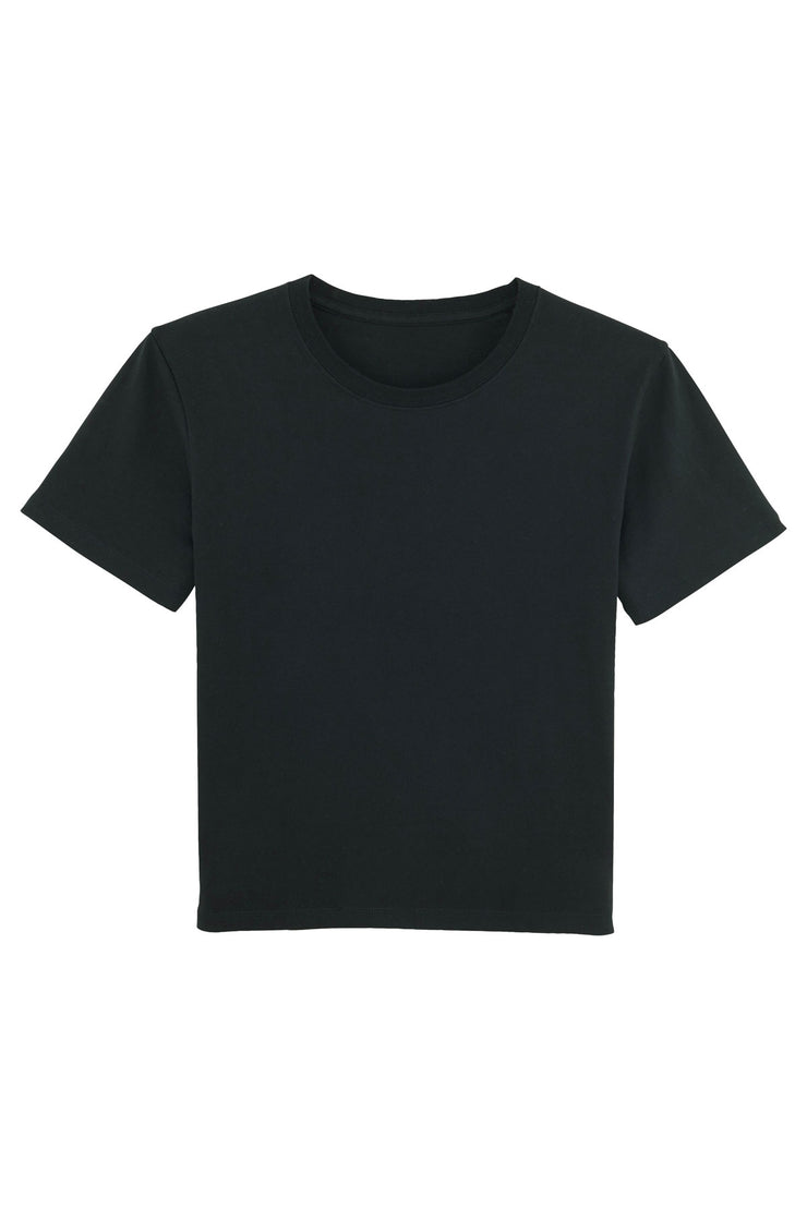 Flat lay of a black workwear organic cotton sustainable t shirt