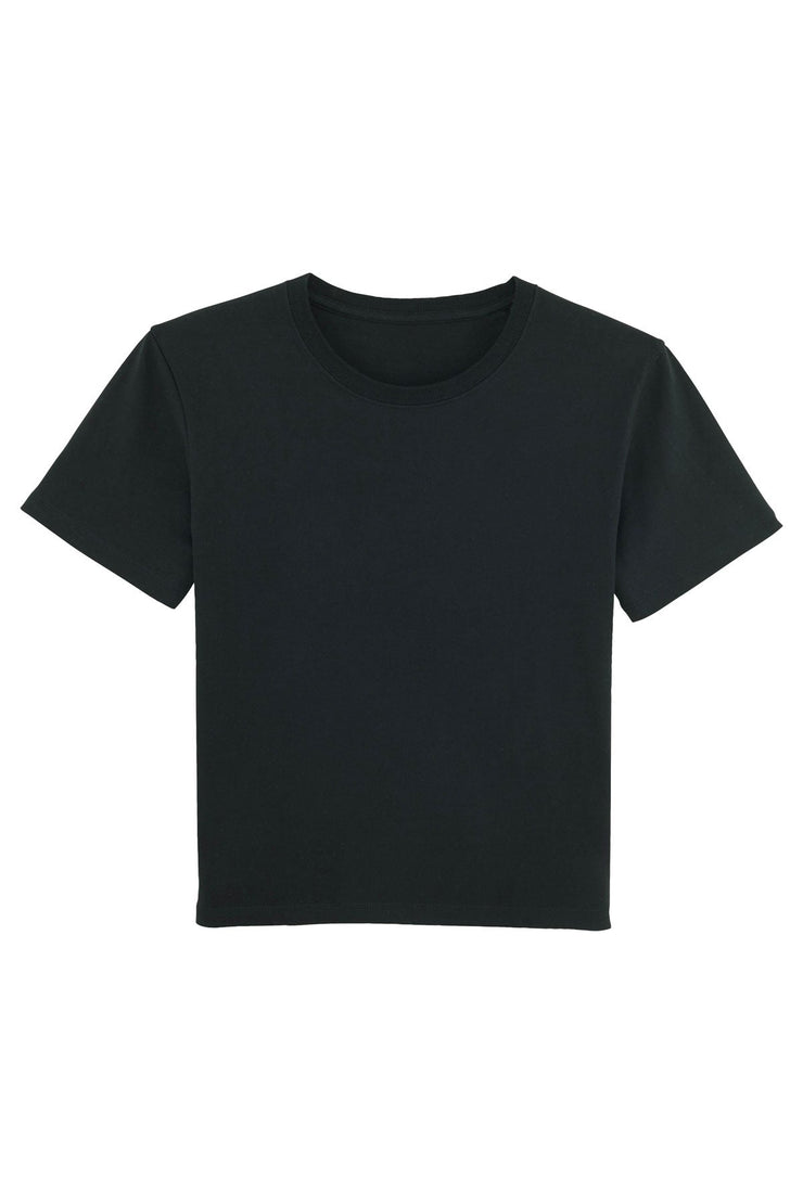 Flat lay of a black workwear organic cotton sustainable t shirt