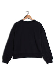 Back of women's black printed organic cotton sweatshirt