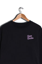 Detail of women's printed black organic cotton sweatshirt