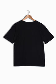 Back of women's black printed organic cotton t-shirt in a boxy fit