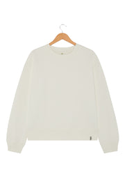 Front of women's white organic cotton sweatshirt from Goose Studios, with drop shouldered fit